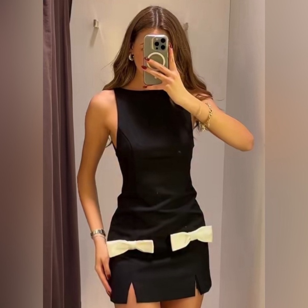 ZARA CONTRAST BOW MINI DRESS BLACK XS